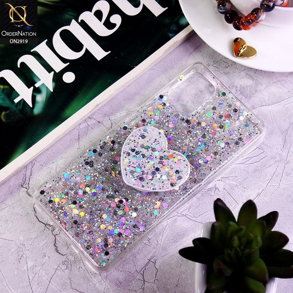 Samsung Galaxy A51 Cover - Silver - Shiny Fancy Glitter Case with Heart Mobile Holder - Glitter Does Not Move