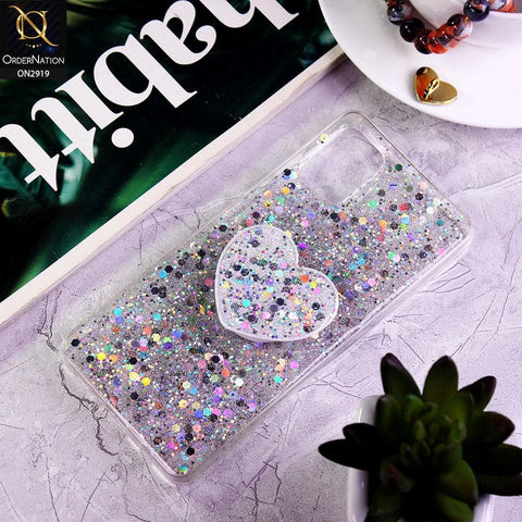 Samsung Galaxy A51 Cover - Silver - Shiny Fancy Glitter Case with Heart Mobile Holder - Glitter Does Not Move