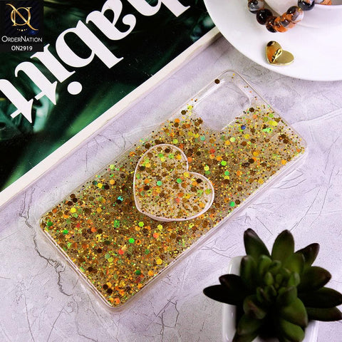 Samsung Galaxy A51 Cover - Yellow - Shiny Fancy Glitter Case with Heart Mobile Holder - Glitter Does Not Move