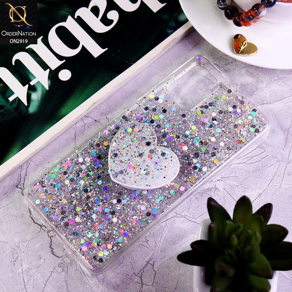 Samsung Galaxy A71 Cover - Silver - Shiny Fancy Glitter Case with Heart Mobile Holder - Glitter Does Not Move