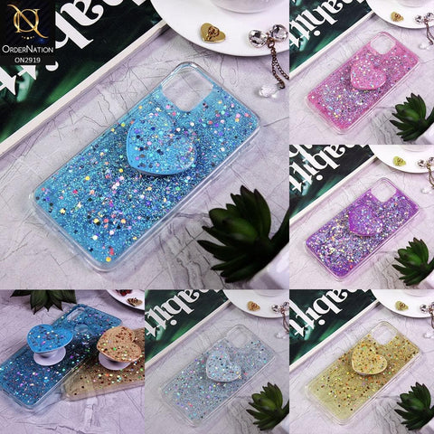 Tecno Camon 12 Cover - Design2 - Shiny Fancy Glitter Case with Heart Mobile Holder - Glitter Does Not Move