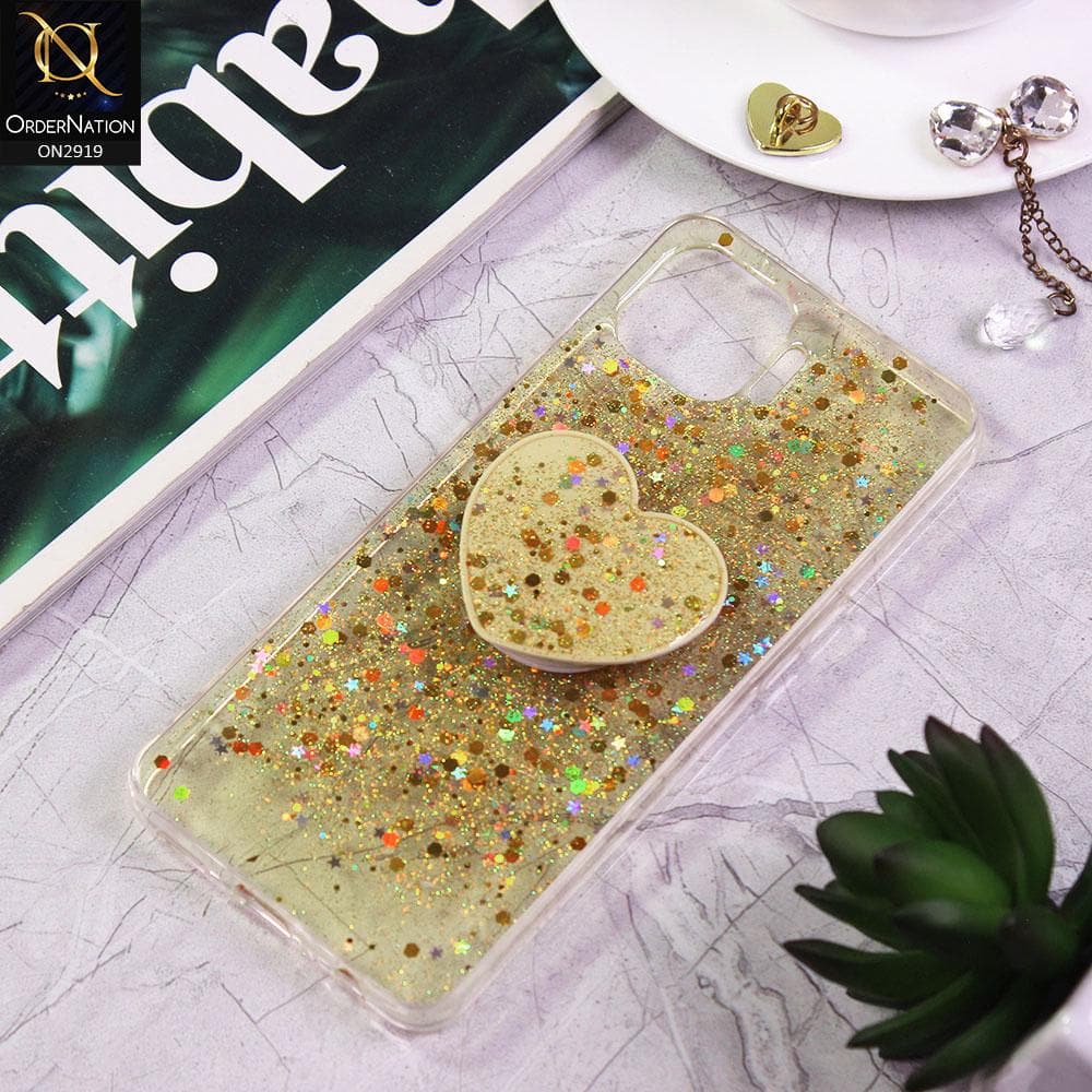 Oppo Reno 4F Cover - Yellow - Shiny Fancy Glitter Case with Heart Mobile Holder - Glitter Does Not Move