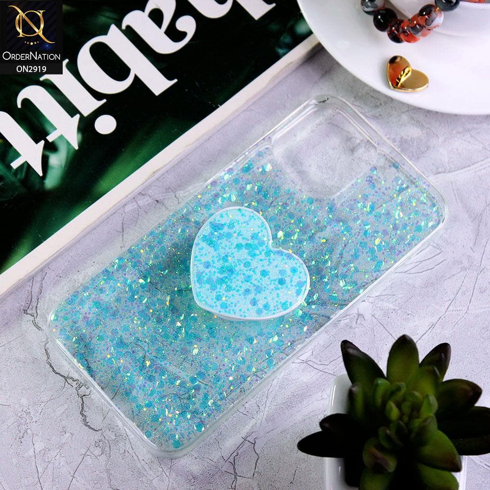 iPhone 12 Pro Max Cover - Aqua - Shiny Fancy Glitter Case with Heart Mobile Holder - Glitter Does Not Move