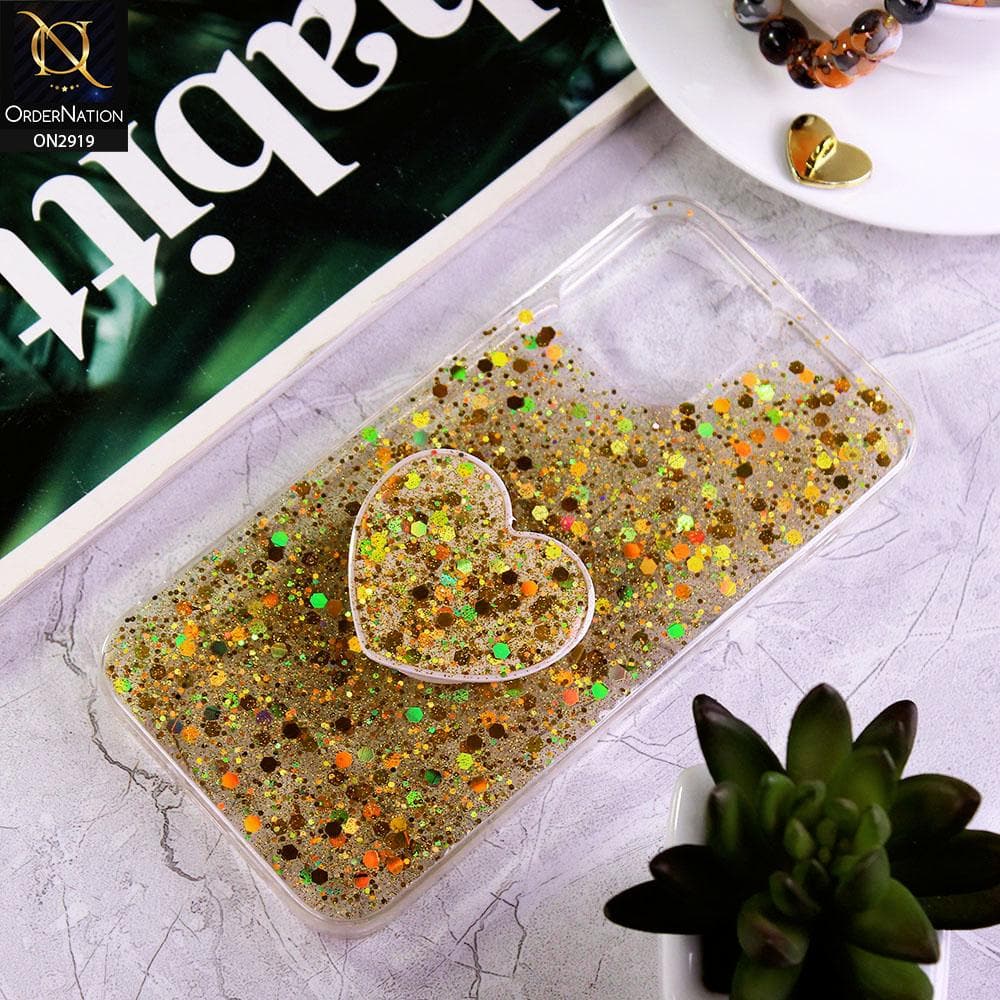 iPhone 12 Pro Max Cover - Yellow - Shiny Fancy Glitter Case with Heart Mobile Holder - Glitter Does Not Move