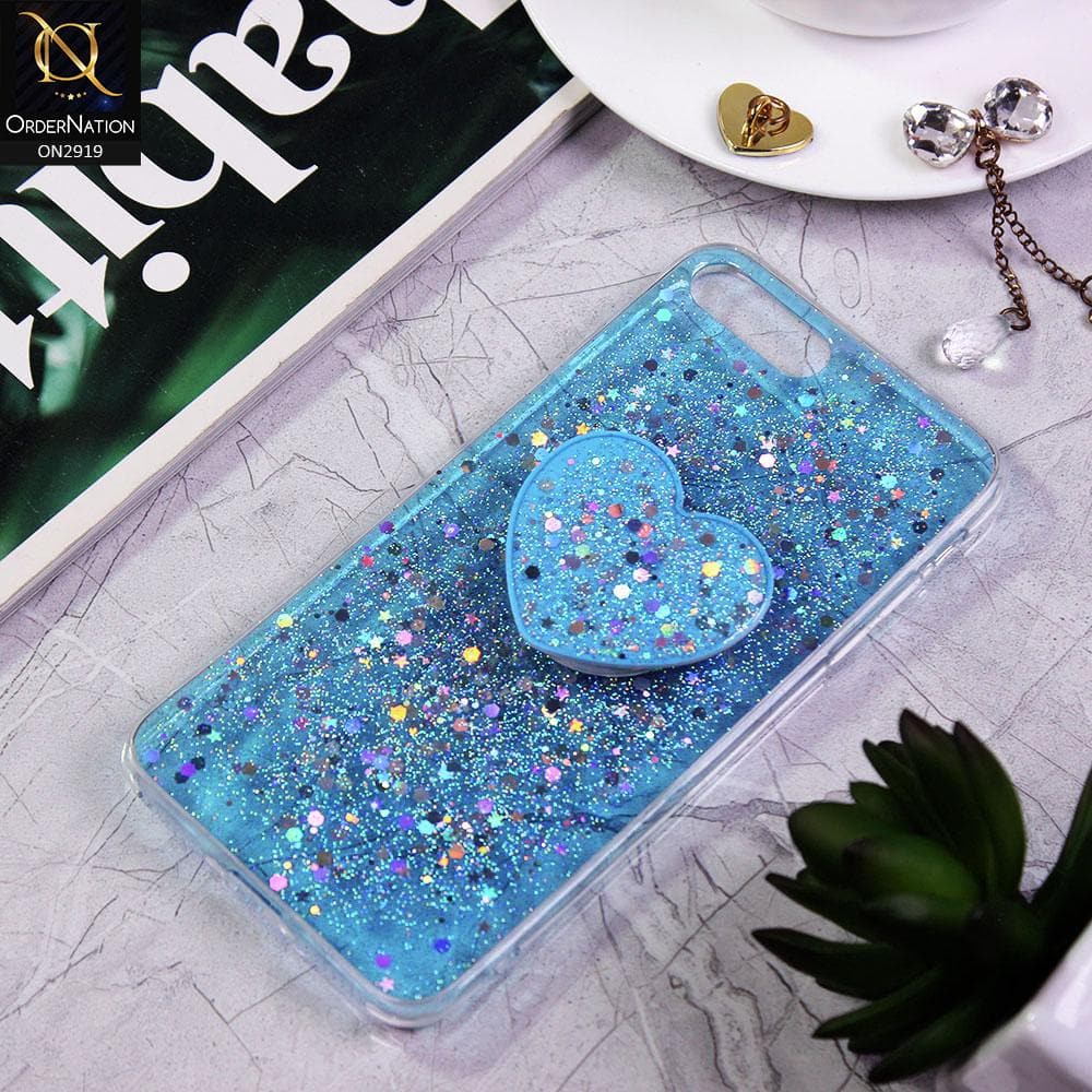 iPhone 8 Plus / 7 Plus Cover - Blue - Shiny Fancy Glitter Case with Heart Mobile Holder - Glitter Does Not Move