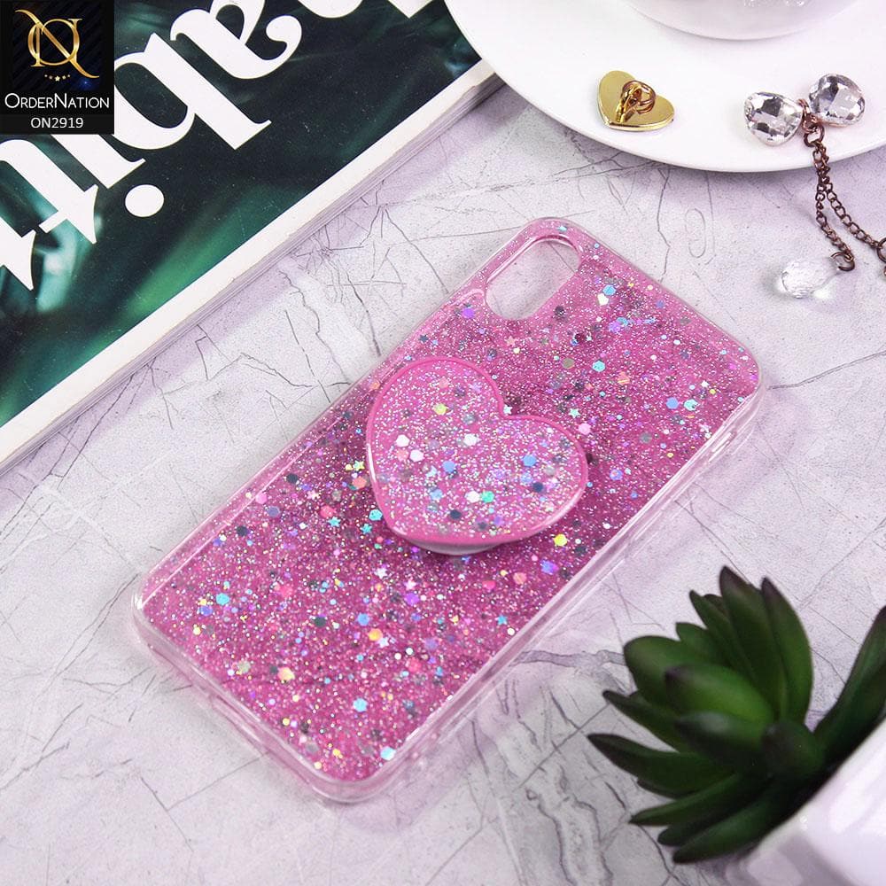 iPhone XS Max Cover - Pink - Shiny Fancy Glitter Case with Heart Mobile Holder - Glitter Does Not Move