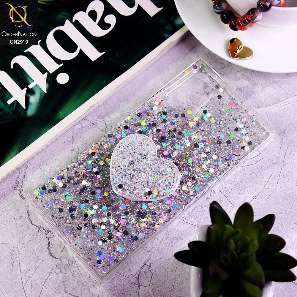 Samsung Galaxy Note 10 Plus Cover - Silver - Shiny Fancy Glitter Case with Heart Mobile Holder - Glitter Does Not Move