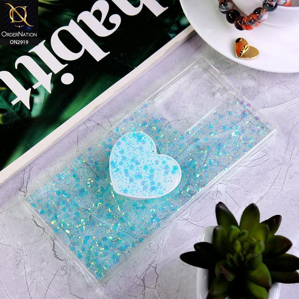 Samsung Galaxy Note 20 Ultra Cover - Aqua - Shiny Fancy Glitter Case with Heart Mobile Holder - Glitter Does Not Move