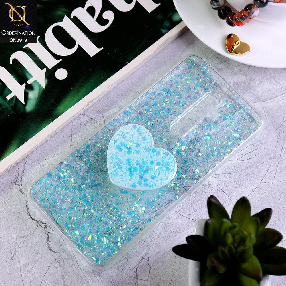 Oppo Reno 2F Cover - Aqua - Shiny Fancy Glitter Case with Heart Mobile Holder - Glitter Does Not Move