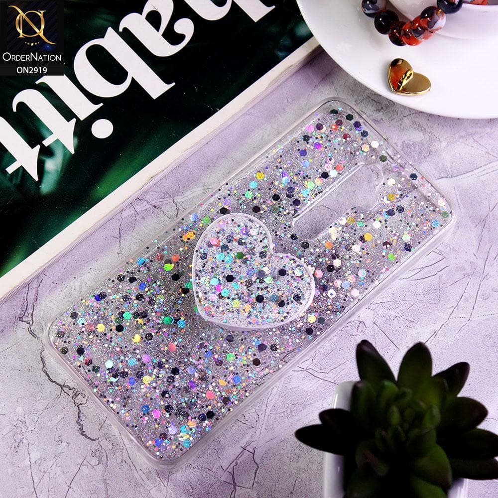 Oppo Reno 2F Cover - Silver - Shiny Fancy Glitter Case with Heart Mobile Holder - Glitter Does Not Move