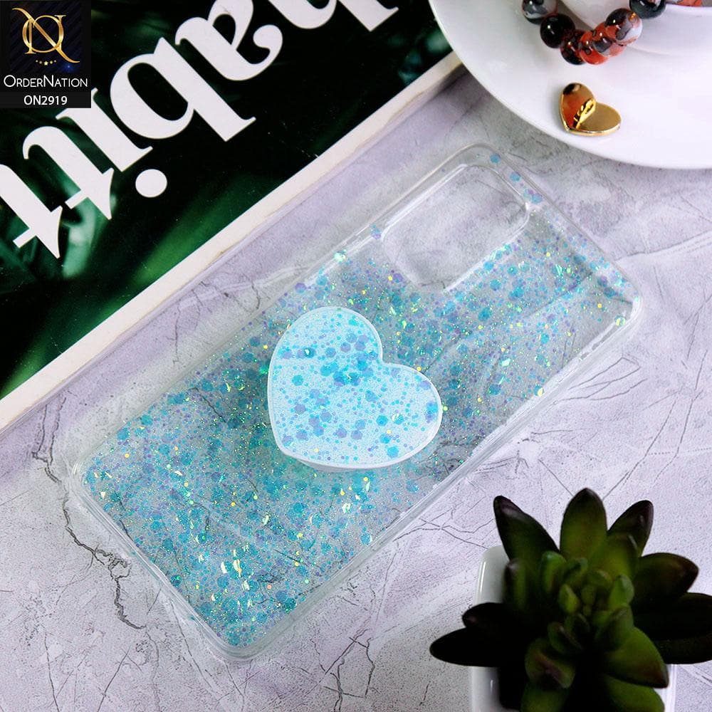 Oppo Find X3 Lite Cover - Aqua - Shiny Fancy Glitter Case with Heart Mobile Holder - Glitter Does Not Move