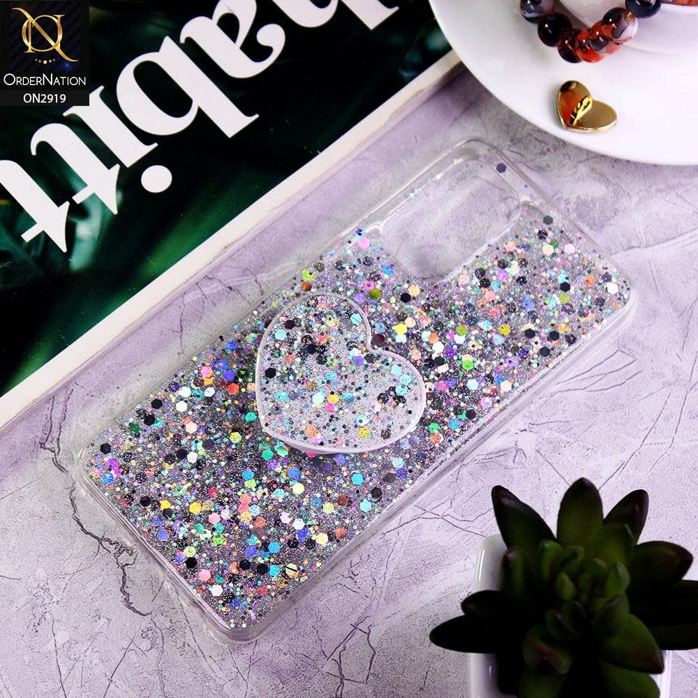 Oppo Find X3 Lite Cover - Silver - Shiny Fancy Glitter Case with Heart Mobile Holder - Glitter Does Not Move