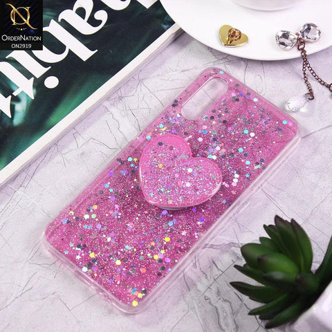 Vivo S1 Cover - Pink - Shiny Fancy Glitter Case with Heart Mobile Holder - Glitter Does Not Move