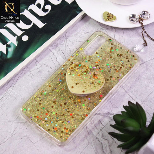 Vivo S1 Cover - Yellow - Shiny Fancy Glitter Case with Heart Mobile Holder - Glitter Does Not Move
