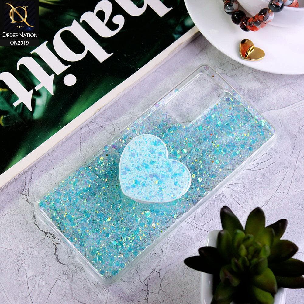 Samsung Galaxy S20 FE Cover - Aqua - Shiny Fancy Glitter Case with Heart Mobile Holder - Glitter Does Not Move