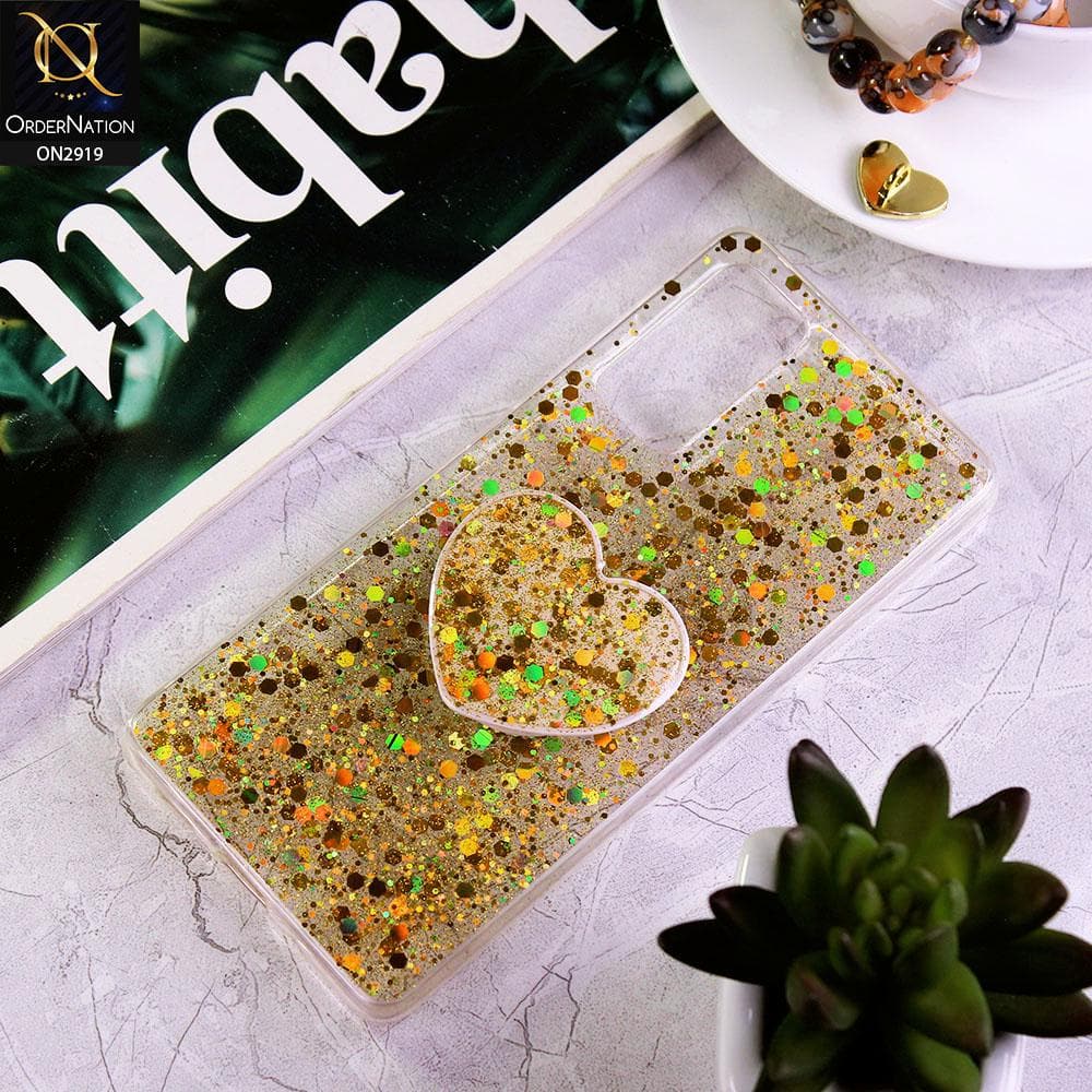 Samsung Galaxy S20 FE Cover - Yellow - Shiny Fancy Glitter Case with Heart Mobile Holder - Glitter Does Not Move