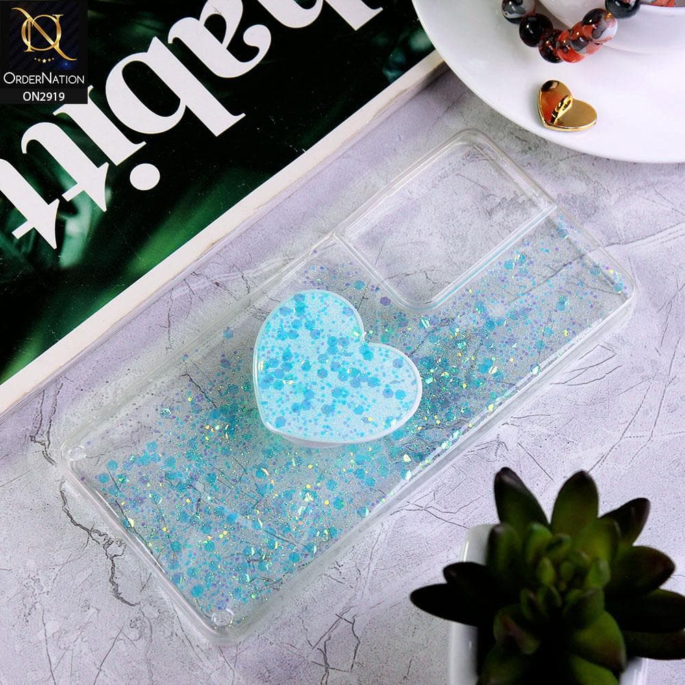 Samsung Galaxy S21 Ultra 5G Cover - Aqua - Shiny Fancy Glitter Case with Heart Mobile Holder - Glitter Does Not Move