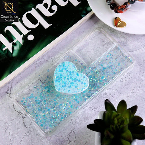 Samsung Galaxy S21 Ultra 5G Cover - Aqua - Shiny Fancy Glitter Case with Heart Mobile Holder - Glitter Does Not Move
