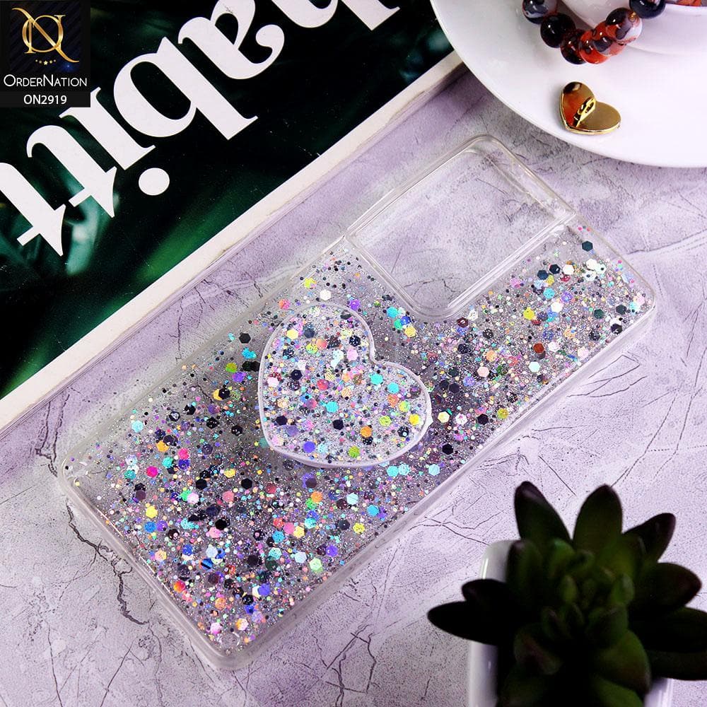 Samsung Galaxy S21 Ultra 5G Cover - Silver - Shiny Fancy Glitter Case with Heart Mobile Holder - Glitter Does Not Move