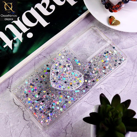 Samsung Galaxy S21 Ultra 5G Cover - Silver - Shiny Fancy Glitter Case with Heart Mobile Holder - Glitter Does Not Move