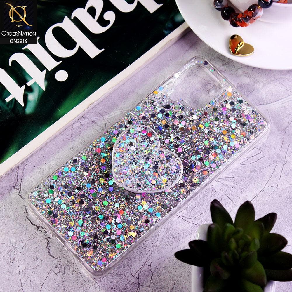 Samsung Galaxy A12 Cover - Silver - Shiny Fancy Glitter Case with Heart Mobile Holder - Glitter Does Not Move