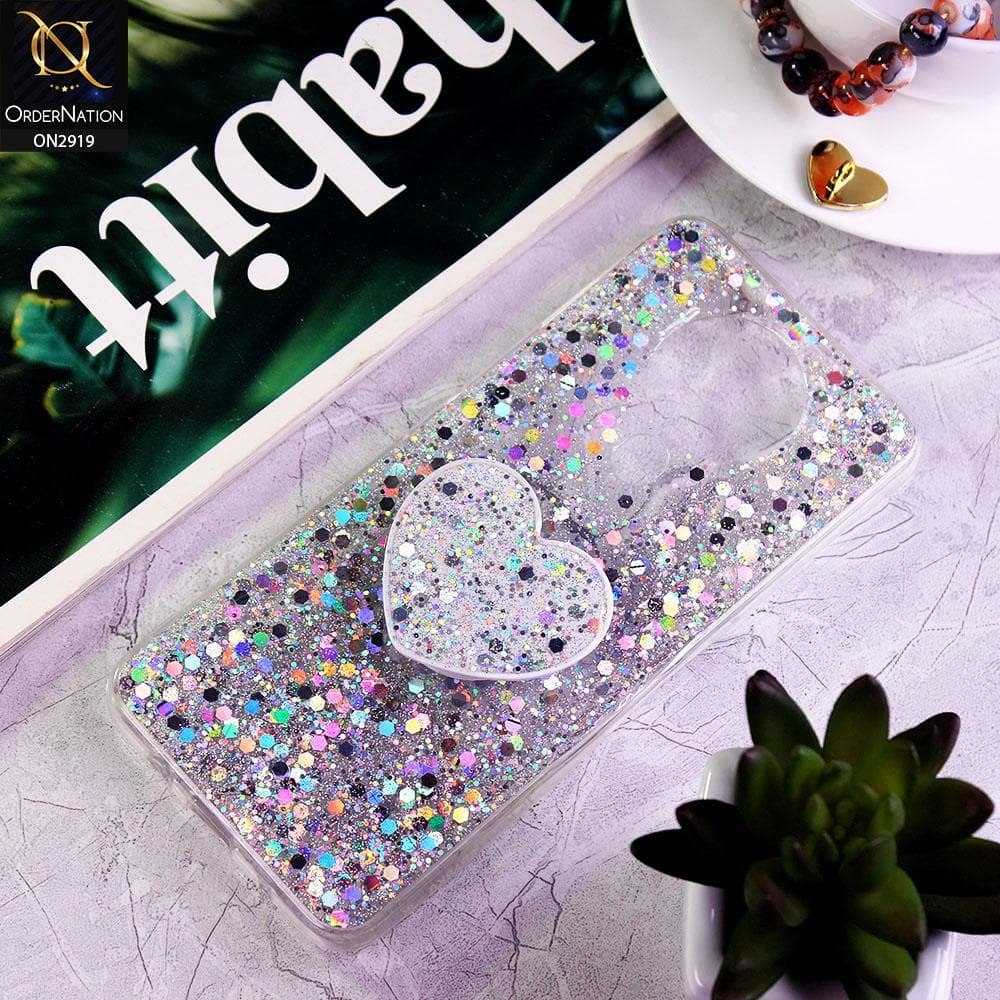 Tecno Spark 6 Cover - Silver - Shiny Fancy Glitter Case with Heart Mobile Holder - Glitter Does Not Move