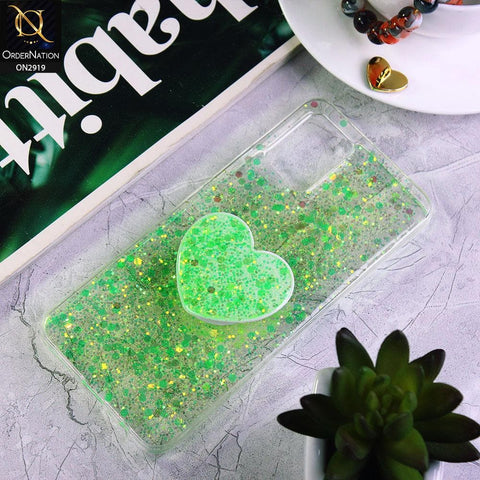Vivo V20 Cover - Green - Shiny Fancy Glitter Case with Heart Mobile Holder - Glitter Does Not Move