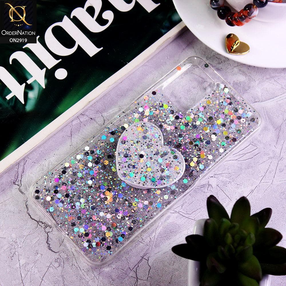 Vivo V20 Cover - Silver - Shiny Fancy Glitter Case with Heart Mobile Holder - Glitter Does Not Move