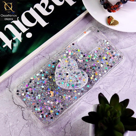 Vivo V20 Cover - Silver - Shiny Fancy Glitter Case with Heart Mobile Holder - Glitter Does Not Move