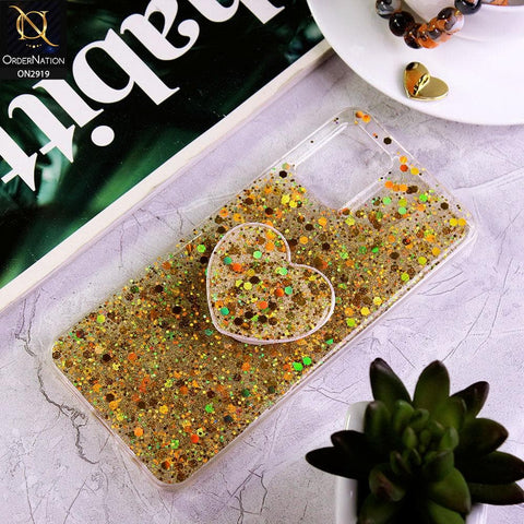 Vivo V20 Cover - Yellow - Shiny Fancy Glitter Case with Heart Mobile Holder - Glitter Does Not Move