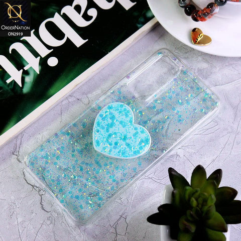 Vivo V20 SE Cover - Aqua - Shiny Fancy Glitter Case with Heart Mobile Holder - Glitter Does Not Move