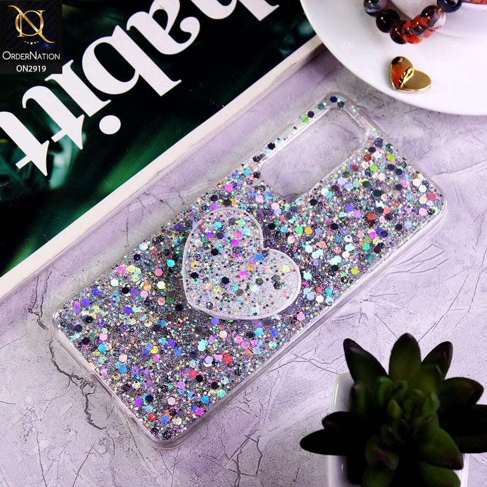 Vivo V20 SE Cover - Silver - Shiny Fancy Glitter Case with Heart Mobile Holder - Glitter Does Not Move