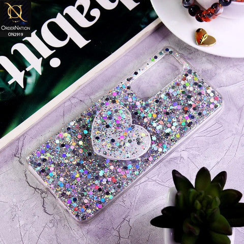 Vivo V20 SE Cover - Silver - Shiny Fancy Glitter Case with Heart Mobile Holder - Glitter Does Not Move
