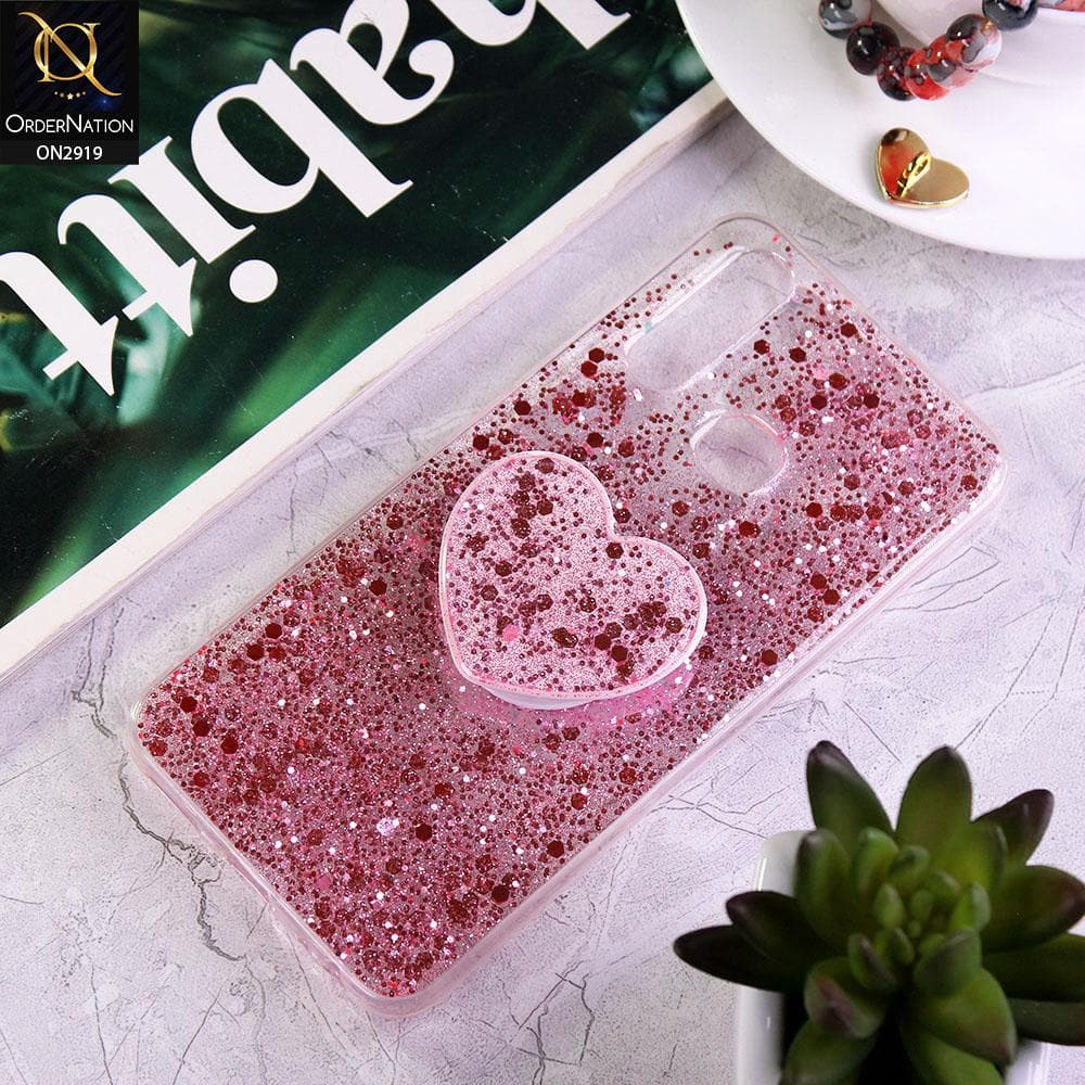 Vivo Y15 Cover - Rose Gold - Shiny Fancy Glitter Case with Heart Mobile Holder - Glitter Does Not Move
