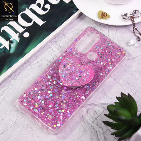 Vivo Y30 Cover - Pink - Shiny Fancy Glitter Case with Heart Mobile Holder - Glitter Does Not Move