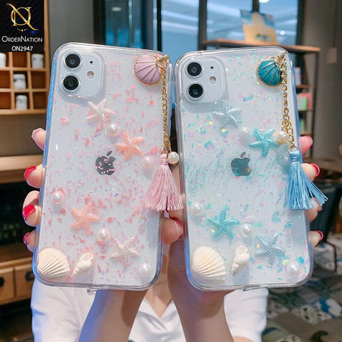 iPhone 12 Cover - Blue - 3D Pearls Shell Tassels Soft Transparent Case