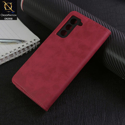 Samsung Galaxy S21 FE 5G Cover - Red - Elegent Leather Wallet Flip book Card Slots Case