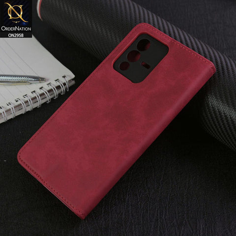Vivo V23 5G Cover - Red - Elegent Leather Wallet Flip book Card Slots Case