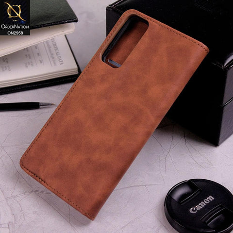 Vivo Y51s Cover - Brown - Elegent Leather Wallet Flip book Card Slots Case
