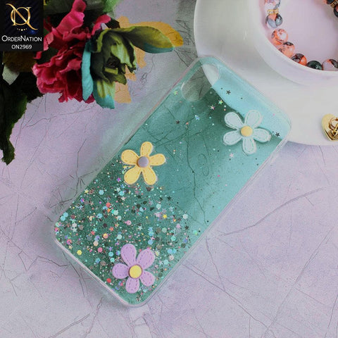 iPhone XS / X Cover - Sea Green - Dream Glitter Powder Cute 3D Flower Soft Transparent Case- Glitter Does Not Move