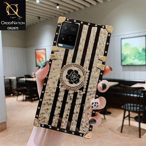 Vivo Y21s Cover - Design 2 - 3D illusion Gold Flowers Soft Trunk Case With Ring Holder