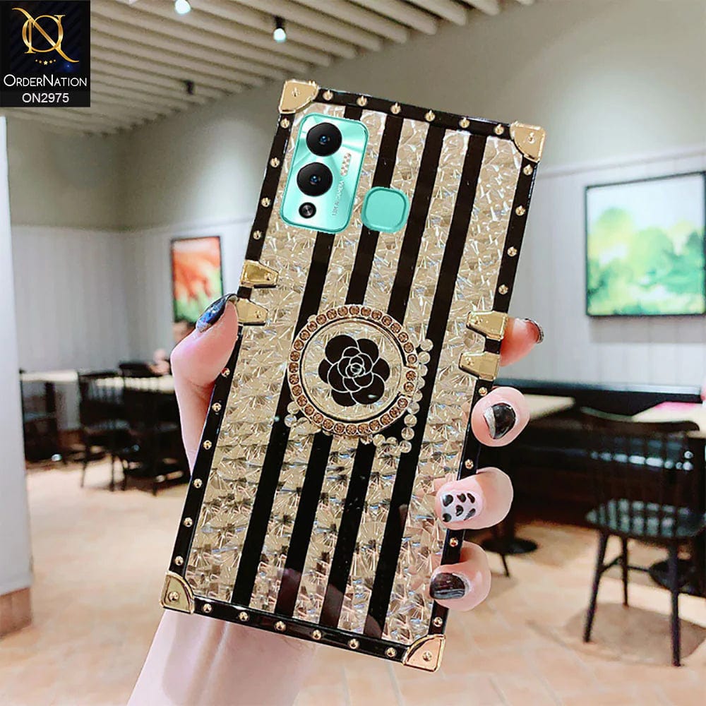 Infinix Hot 12 Play Cover - Design2 - 3D illusion Gold Flowers Soft Trunk Case With Ring Holder