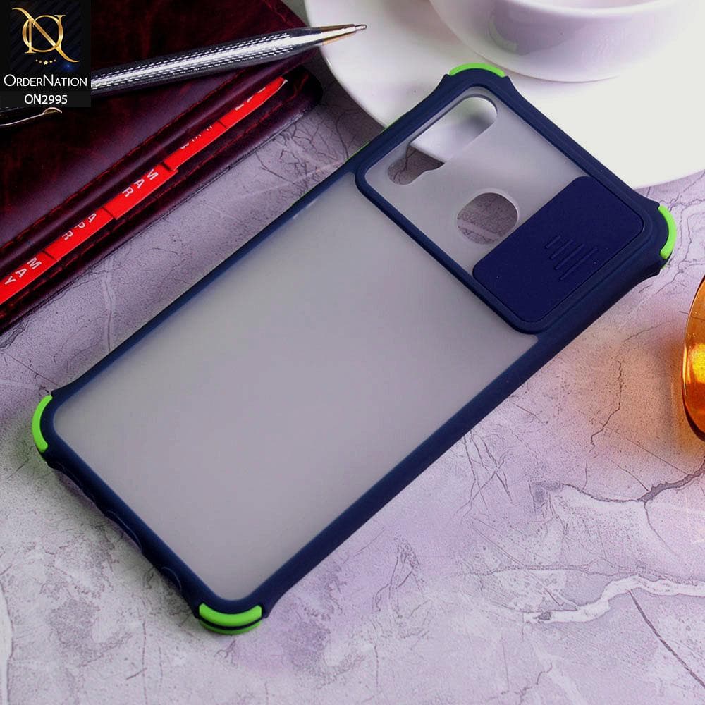 Samsung Galaxy A20 Cover - Blue - Shockproof Bumper Color Border Semi Transparent Camera Slide Protection Case