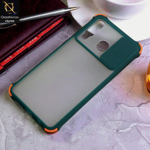 Samsung Galaxy A20 Cover - Dark Green - Shockproof Bumper Color Border Semi Transparent Camera Slide Protection Case
