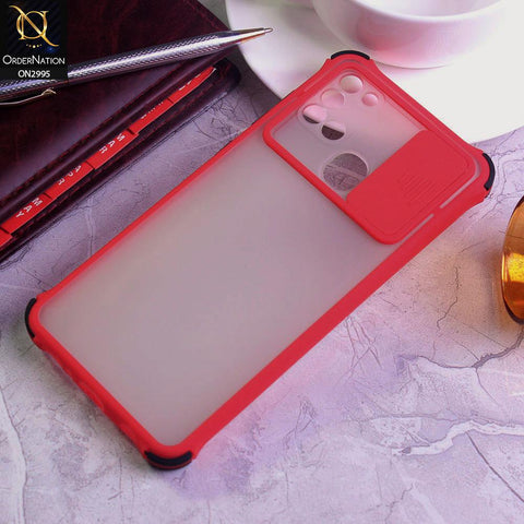 Samsung Galaxy A21s Cover - Red - Shockproof Bumper Color Border Semi Transparent Camera Slide Protection Case