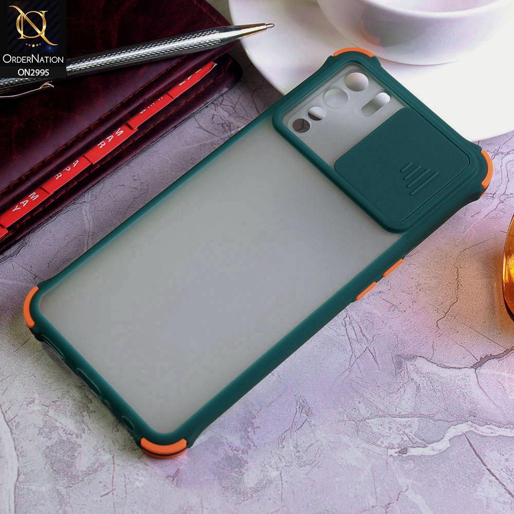 Oppo F15 Cover - Dark Green - Shockproof Bumper Color Border Semi Transparent Camera Slide Protection Case