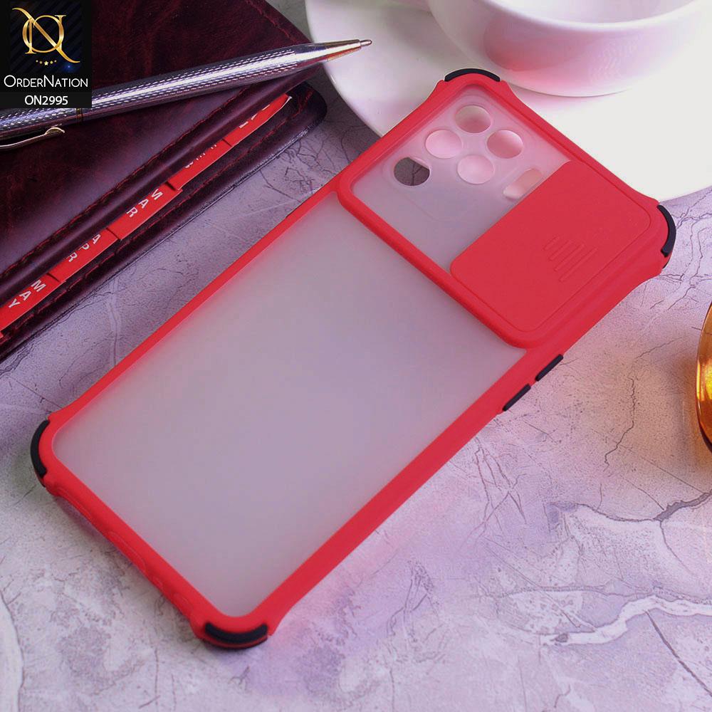 Oppo F19 Pro Cover - Red - Shockproof Bumper Color Border Semi Transparent Camera Slide Protection Case