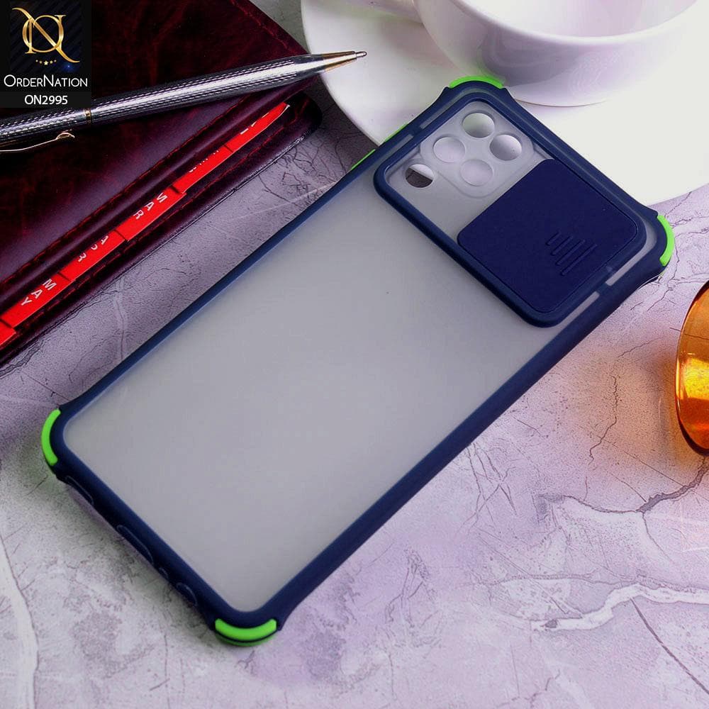 Samsung Galaxy A12 Cover - Blue - Shockproof Bumper Color Border Semi Transparent Camera Slide Protection Case