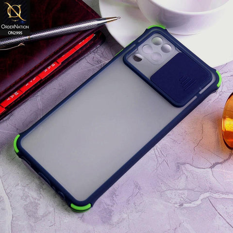 Samsung Galaxy A12 Cover - Blue - Shockproof Bumper Color Border Semi Transparent Camera Slide Protection Case