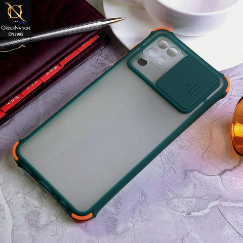 Samsung Galaxy A12 Cover - Dark Green - Shockproof Bumper Color Border Semi Transparent Camera Slide Protection Case